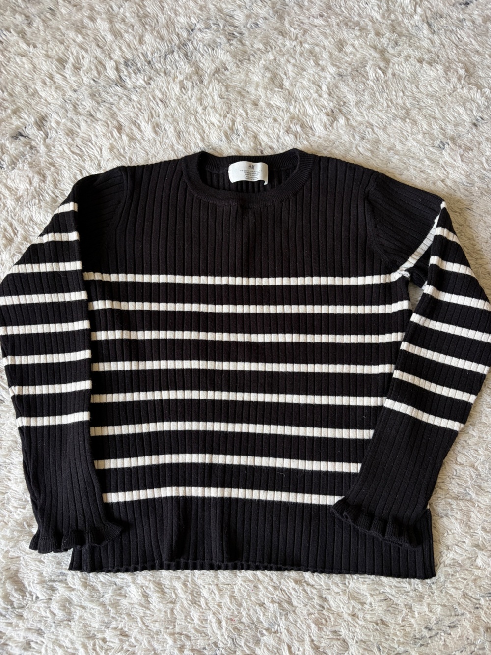 H&M Girls Ribbed Black and White Striped Sweater, Size 8/10
